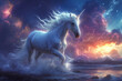 A majestic unicorn with a golden horn and flowing mane, galloping along the shore under a dramatic, starry sky