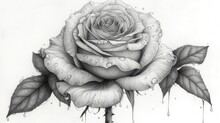  A Black And White Drawing Of A Rose With Drops Of Water On It's Petals And A Stem With Leaves And Drops Of Water On It's Petals.
