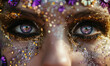 golden and purple masquerade eye makeup closeup, for carnival mardi gras celebration 