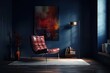 lounge area with a chair. Dark room with blue and navy vacant walls in the backdrop. Artwork mockup. Maroon and burgundy chair