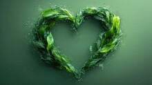  A Heart Shape Made Out Of Green Leaves With Water Splashing On The Top And Bottom Of The Heart, On A Dark Green Background With A Light Green Background.