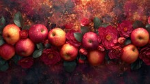  A Painting Of A Bunch Of Apples With Flowers On The Bottom Of The Picture And On The Bottom Of The Picture Is A Painting Of A Bunch Of Apples With Leaves And Red Flowers On The Bottom.