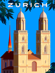 Wall Mural - Cathedral Bell Towers Zurich  handmade drawing vector illustration. Zurich Switzerland Poster.