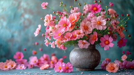 Wall Mural -  a vase filled with lots of pink flowers on top of a blue table next to other pink and orange flowers on a blue table cloth covered with a blue background.