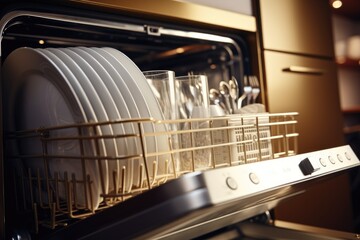 Canvas Print - A dishwasher filled with dishes in a kitchen. Perfect for showcasing cleanliness and organization in a modern home