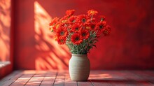  A Vase Filled With Red Flowers Sitting On Top Of A Wooden Table In Front Of A Red Wall And A Red Wall Behind The Vase Is A White Vase With Red Flowers.