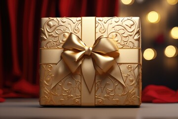 Wall Mural - A beautiful gold gift box with a shiny gold bow. Perfect for any special occasion or celebration