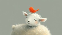  A Close Up Of A Stuffed Animal With A Red Bird On Top Of It's Head On Top Of A Sheep's Head, Against A Gray Background.