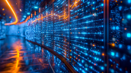 Futuristic data center with rows of illuminated server racks, showcasing high-speed network technology and data processing.

