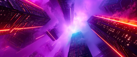 abstract background tall buildings from below, white smoke and colored lights, cityscape, background