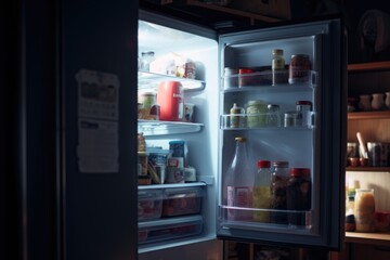 Wall Mural - A photo of an open refrigerator in a dark room. Can be used to illustrate a power outage or a scene from a horror movie