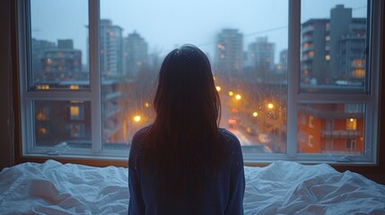 Wall Mural -  a woman sitting on a bed looking out of a window at a cityscape outside of a large window with a view of the street lights in the distance.