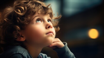 Canvas Print - A little boy with curly hair gazing upwards. Perfect for capturing the innocence and wonder of childhood