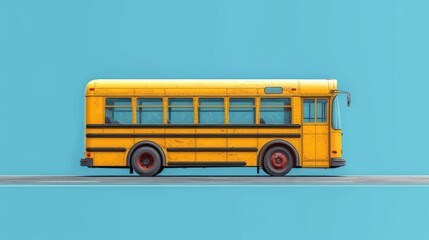 Canvas Print -  a yellow school bus driving down a road next to a blue wall and a blue wall with a white line on the side of the road and a blue background.