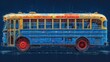  a drawing of a blue and yellow bus with red rims on the front and side of the bus with red rims on the front and side of the bus.