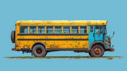 Wall Mural -  a yellow and blue school bus sitting on top of a grass covered field with a blue sky in the back ground and a green grass covered field in the foreground.