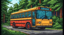  A Painting Of A Yellow School Bus Driving Down A Road In Front Of A Wooded Area With Trees On Both Sides Of The Road And A Yellow Line On The Side Of The Road.