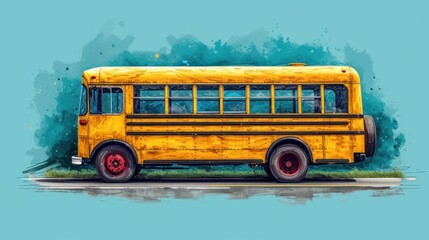 Wall Mural -  a painting of a yellow school bus parked on the side of the road with grass in front of it and a blue sky behind the bus is painted in watercolor.