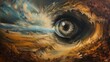 A swirling vortex in the eye of a giant, the landscape inside depicting a dreamscape filled with contradicting elements - Surrealism