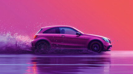 Wall Mural -  a pink car driving through a body of water on a pink and pink background with a splash of water on the front of the car and the side of the car.