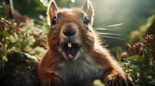 Among The Trees Squirrel Looking With Surprise, Excited Screaming. Generative AI