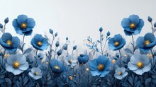  A Bunch Of Blue Flowers That Are On A White And Blue Background With A Yellow Center In The Middle Of The Picture And A Few Blue Flowers In The Middle Of The Picture.