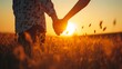 Couple holding hands in the sunset, love and passion in the field