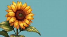  A Painting Of A Yellow Sunflower With Green Leaves On A Blue Background With A Blue Sky In The Back Ground And A Light Blue Sky In The Back Ground.