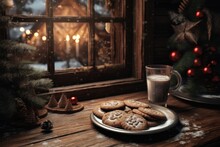 Delicious Plate Of Cookies Next To A Refreshing Glass Of Milk. Perfect For A Snack Or Dessert.