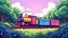  A Colorful Train Traveling Through A Lush Green Forest Next To A Forest Filled With Pink And Blue Flowers And A Lush Green Forest Filled With Lots Of Pink And Purple Flowers.