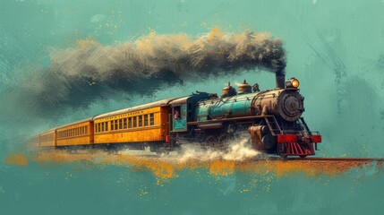  a painting of a train with smoke coming out of the top of the engine and smoke coming out of the top of the engine and steam coming out of the top of the engine.