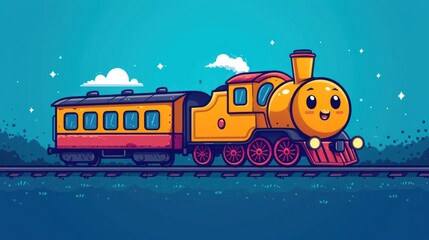 Wall Mural -  a cartoon train with a smiley face on it's side on a train track with a blue sky in the background and stars in the middle of the sky.