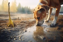 Dog Digging In The Wet Sand Beside A Babbling Brook