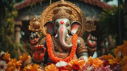 A statue of an elephant adorned with a beautiful bunch of flowers. Perfect for adding a touch of elegance to any space