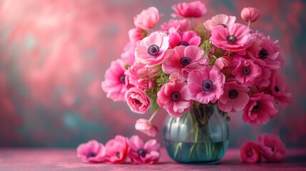 Sticker -  a vase filled with lots of pink flowers on top of a pink tablecloth covered table next to a blue vase with pink flowers on the side of the table.