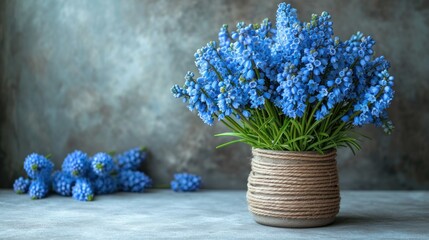 Sticker -  a vase filled with blue flowers next to a bunch of blue flowers on top of a white tablecloth covered table next to a bunch of blue flowers on the ground.