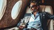 Businessman enjoy flight in private jet enjoying life