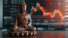 Buddha Statue Placed On The Table With Stock Market Background, Shows Respect And Faith In Sacred Things In Order To Be Successful