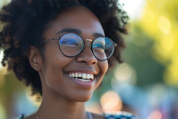 Young black woman wearing stylish glasses, radiating joy and positivity. Her hyper-realistic portrait captures her sharp focus and confident smile