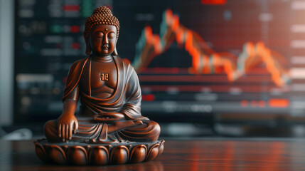 Wall Mural - Buddha statue placed on the table with stock market background, shows respect and faith in sacred things in order to be successful