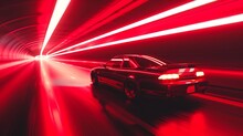 Neon Image Of Sports Car On The Road Going Fast, Lights Blurred