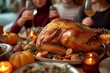 A succulent turkey, surrounded by a feast of traditional thanksgiving foods, awaits to be devoured by a hungry person in an indoor setting, evoking feelings of warmth and nostalgia at a cozy restaura
