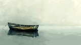 Fototapeta Morze - Portray a lonely boat floating in water using delicate brushstrokes and subdued colors. Minimalist Art.
