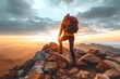 As the sun sets behind a rocky mountain, a lone figure stands, enveloped by the ever-changing sky, their sturdy hiking boots and durable outdoor clothing a testament to their adventurous spirit in th