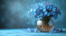  A Vase Filled With Blue Flowers Sitting On Top Of A Blue Cloth Covered Table Next To A Pile Of Tiny Blue And White Flowers On Top Of A Blue Cloth.