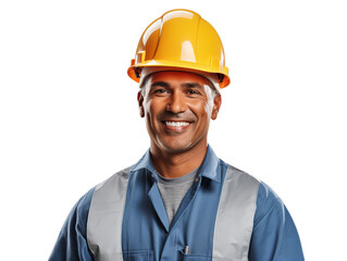 A factory engineer wear worker clothes looking and smille for the camera on transparent background