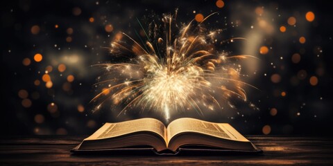 Canvas Print - An open book resting on a wooden table with colorful fireworks in the background. Suitable for educational concepts or celebrations