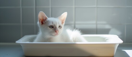 Wall Mural - A camera-captured white cat in a corner tray for animals with natural filler