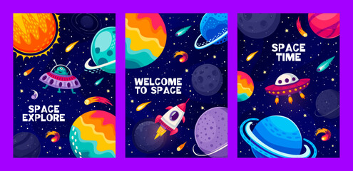 Wall Mural - cartoon space landscape posters with vector alien character, rocket and ufo on starry galaxy backgro