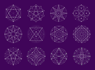 Poster - Sacred geometry, esoteric magic and alchemy symbols, myth and meditation vector pentagram. Spiritual tattoo shapes of sacred geometry pentagrams or occult star pentacles, pyramids in esoteric lines